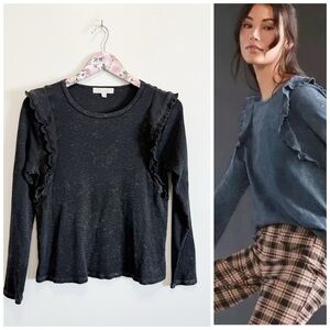Anthropologie ERI + ALI Washed Black Ruffle Long Sleeve Top S Small